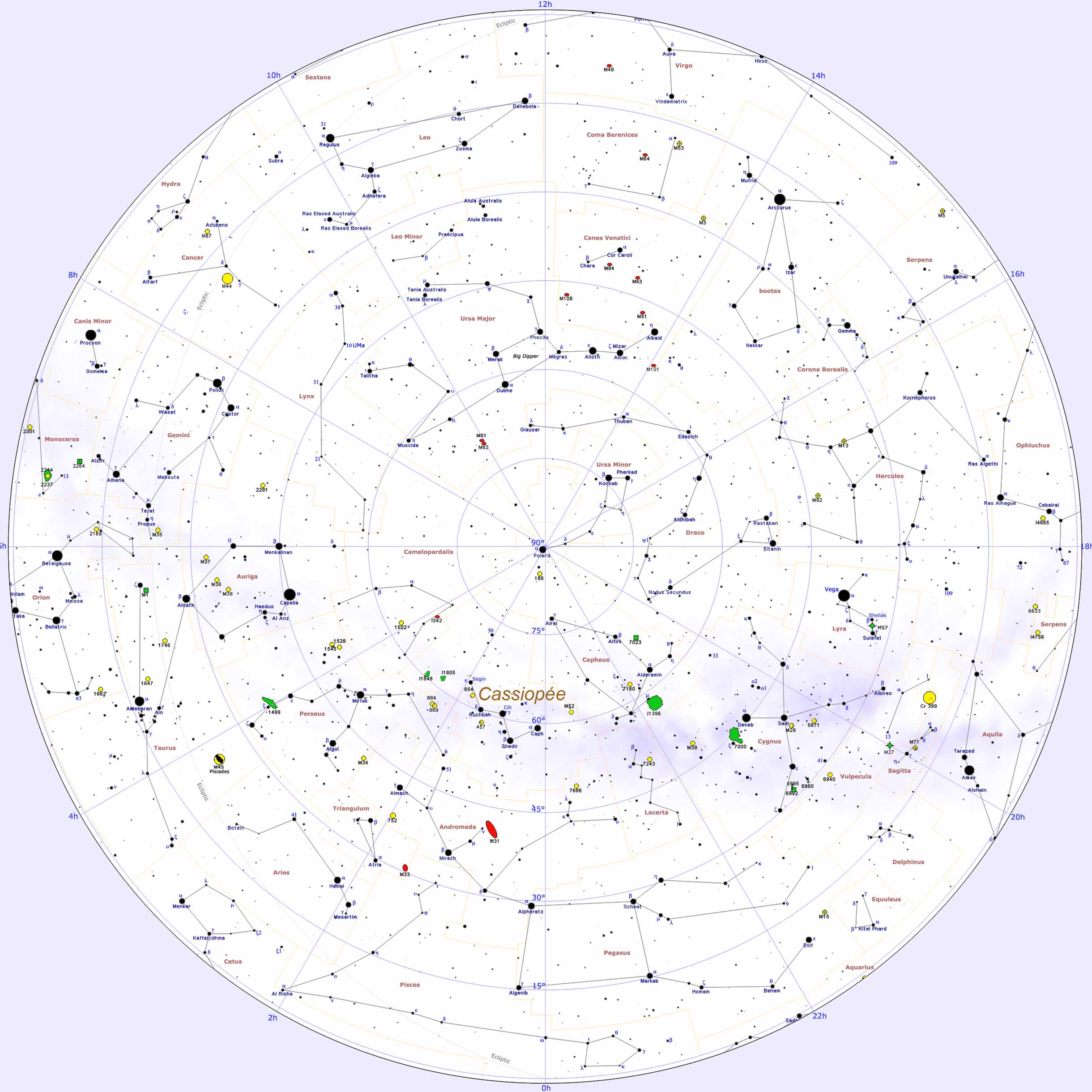 carte des 88 constellations officielles hemisphere sud et nord